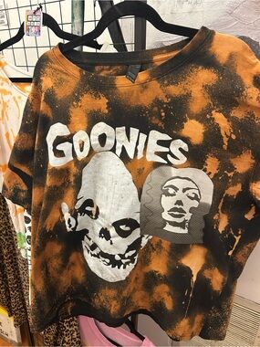 Hand bleach dyed hand printed Goonies X Misfits shirt